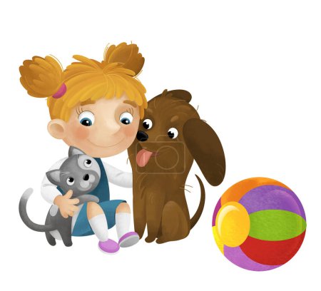 Foto de Escena de dibujos animados con chica de la escuela jugando pelota divertirse con los perros ilustración para los niños - Imagen libre de derechos