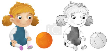 Téléchargez les photos : Scène de dessin animé avec une écolière jouant au ballon ayant une illustration amusante pour enfants croquis - en image libre de droit