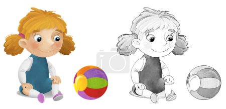 Foto de Escena de dibujos animados con chica de la escuela jugando pelota divertirse ilustración para los niños boceto - Imagen libre de derechos