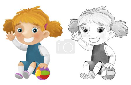 Foto de Escena de dibujos animados con chica de la escuela jugando pelota divertirse ilustración para los niños boceto - Imagen libre de derechos