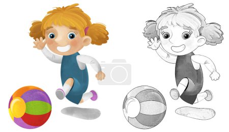 Photo for Cartoon scene with school girl playing ball having fun illustration for kids sketch - Royalty Free Image