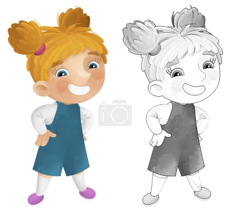 Foto de Escena de dibujos animados con chica joven divirtiéndose jugando tiempo libre ilustración aislada para los niños bosquejo - Imagen libre de derechos