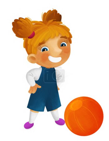 Téléchargez les photos : Scène de dessin animé avec une écolière jouant au ballon ayant illustration amusante pour les enfants - en image libre de droit