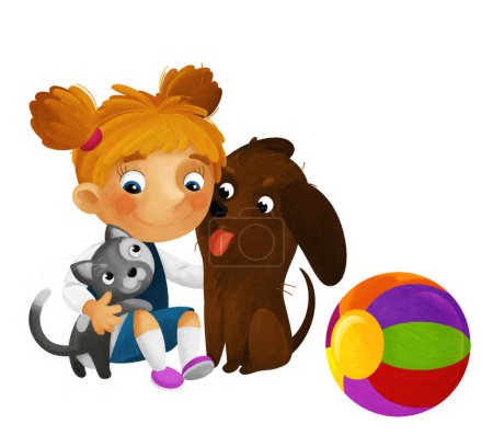 Photo for Cartoon scene with school girl playing ball having fun with dogs illustration for kids - Royalty Free Image