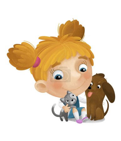 Photo for Cartoon scene with school girl playing and having fun with dogs illustration for kids - Royalty Free Image
