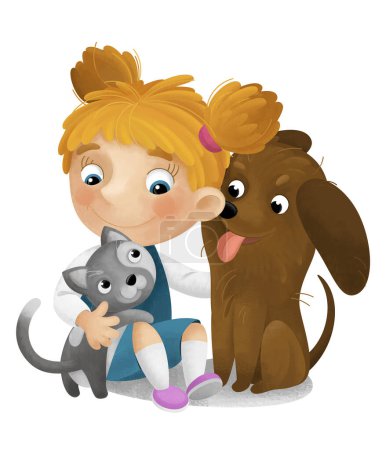 Foto de Escena de dibujos animados con la chica de la escuela jugando y divertirse con los perros ilustración para los niños - Imagen libre de derechos