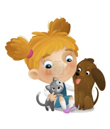 Foto de Escena de dibujos animados con la chica de la escuela jugando y divertirse con los perros ilustración para los niños - Imagen libre de derechos