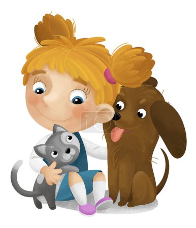 Téléchargez les photos : Scène de dessin animé avec écolière jouer et s'amuser avec des chiens illustration pour les enfants - en image libre de droit