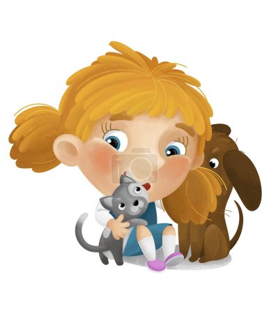 Photo for Cartoon scene with school girl playing and having fun with dogs illustration for kids - Royalty Free Image