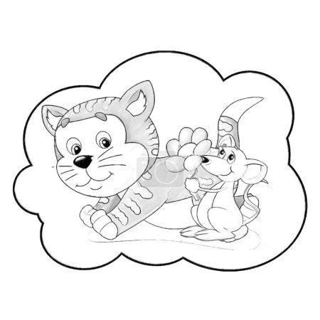 Photo for Sketch cartoon scene with happy cat doing something playing isolated illustration for kids - Royalty Free Image