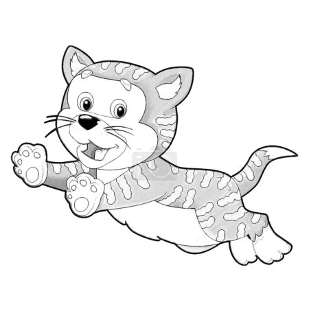 Téléchargez les photos : Croquis scène de dessin animé avec chat heureux faisant quelque chose jouant illustration isolée pour les enfants - en image libre de droit