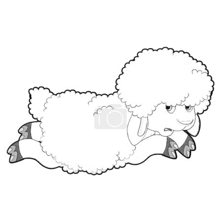 Téléchargez les photos : Croquis scène de dessin animé avec drôle regardant ferme moutons sourire illustration pour les enfants - en image libre de droit