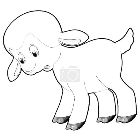 Téléchargez les photos : Croquis scène de dessin animé avec drôle regardant ferme moutons sourire illustration pour les enfants - en image libre de droit