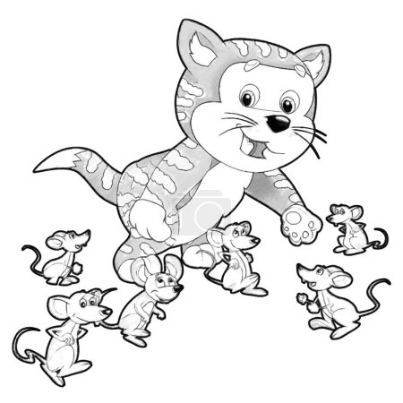 Téléchargez les photos : Croquis scène de dessin animé avec chat heureux faisant quelque chose jouant illustration isolée pour les enfants - en image libre de droit