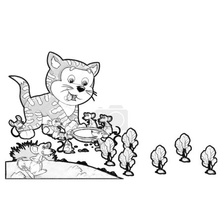 Foto de Bosquejo escena de dibujos animados con gato feliz haciendo algo jugando ilustración aislada para los niños - Imagen libre de derechos