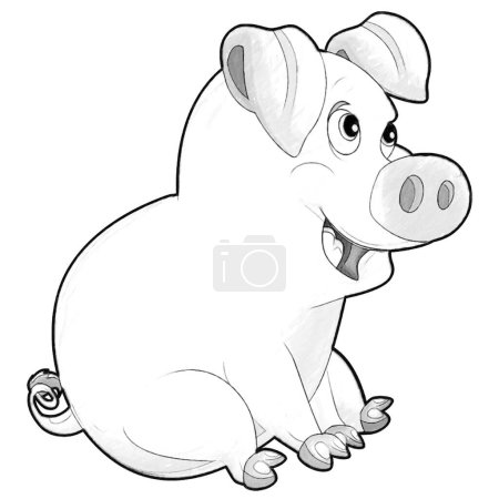Téléchargez les photos : Croquis scène de dessin animé avec heureux porc ferme illustration souriante pour les enfants - en image libre de droit