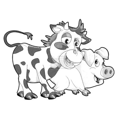 Téléchargez les photos : Croquis scène de dessin animé avec drôle regardant veau de vache et porc jouer ensemble illustration pour les enfants - en image libre de droit