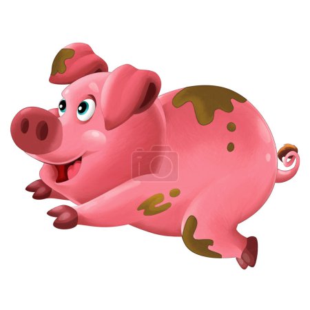 Téléchargez les photos : Joyeux dessin animé scène avec heureux cochon ferme sourire illustration pour les enfants - en image libre de droit