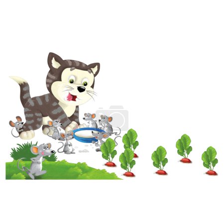 Foto de Alegre escena de dibujos animados con felíz gato haciendo algo jugando aislado ilustración para niños - Imagen libre de derechos