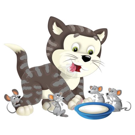 Foto de Alegre escena de dibujos animados con felíz gato haciendo algo jugando aislado ilustración para niños - Imagen libre de derechos