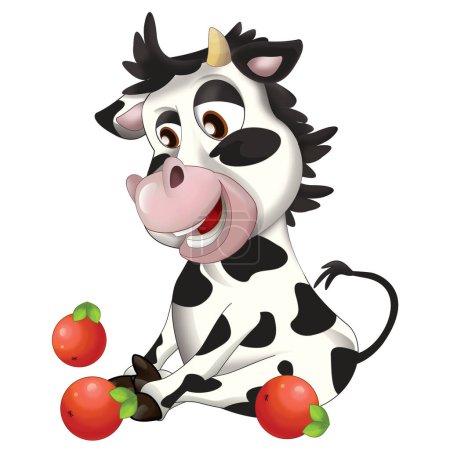 Téléchargez les photos : Scène de dessin animé gaie avec illustration drôle de veau de vache à la recherche pour les enfants - en image libre de droit