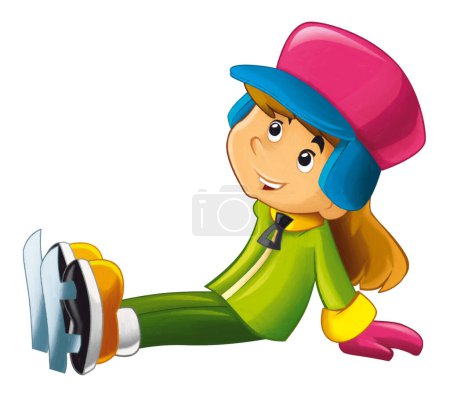 Photo for Cartoon scene with young boy sitting or having accident on ice skating doing sport isolated illustration for kids - Royalty Free Image