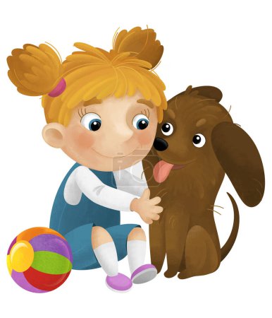 Téléchargez les photos : Scène de dessin animé avec fille et son chien jouant s'amuser avec une illustration isolée de boule pour les enfants - en image libre de droit