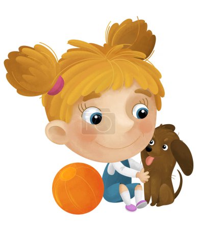 Foto de Escena de dibujos animados con chica y su perro jugando a divertirse con una ilustración aislada bola para niños - Imagen libre de derechos