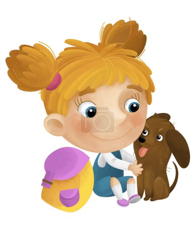 Photo for Cartoon scene with girl and her dog playing having fun isolated illustration for kids - Royalty Free Image