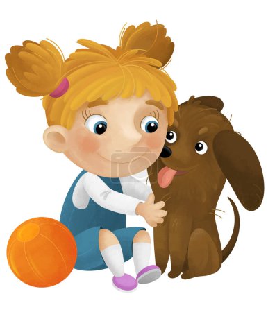 Photo for Cartoon scene with girl and her dog playing having fun with a ball isolated illustration for kids - Royalty Free Image