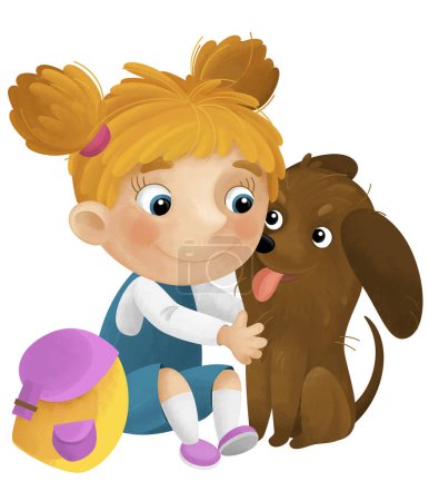Téléchargez les photos : Scène de dessin animé avec fille et son chien jouer avoir amusant illustration isolée pour les enfants - en image libre de droit