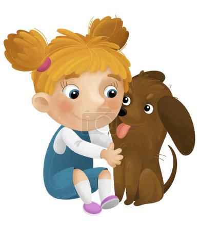 Photo for Cartoon scene with girl and her dog playing having fun isolated illustration for kids - Royalty Free Image