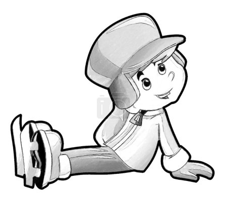 Photo for Sketch cartoon scene with young boy sitting or having accident on ice skating doing sport isolated illustration for kids - Royalty Free Image