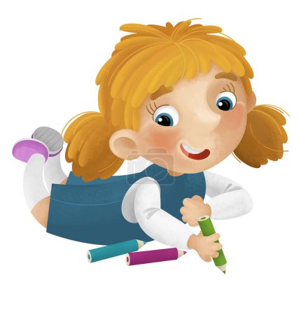 Photo for Cartoon scene with young girl having fun resting and drawing leisure free time isolated illustration for children - Royalty Free Image