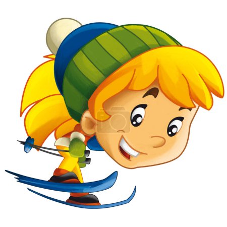 Téléchargez les photos : Scène de dessin animé avec fille heureuse enfant adolescent ski saut hiver sport isolé illustration pour enfants - en image libre de droit