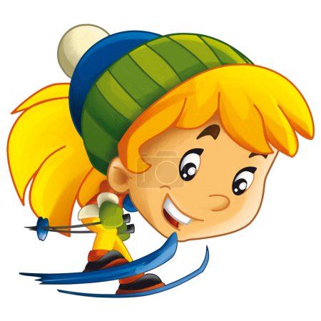 Téléchargez les photos : Scène de dessin animé avec fille heureuse enfant adolescent ski saut hiver sport isolé illustration pour enfants - en image libre de droit
