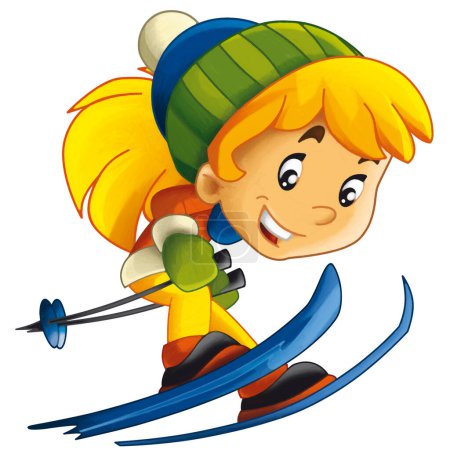 Foto de Escena de dibujos animados con niña feliz niño adolescente esquiar saltar deporte de invierno ilustración aislada para niños - Imagen libre de derechos
