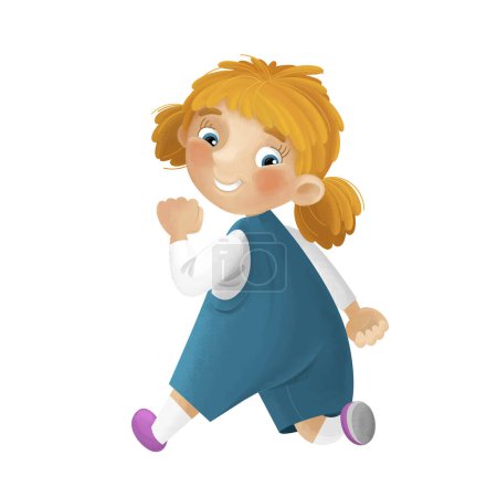 Photo for Cartoon scene with young girl having fun playing leisure free time walking running isolated illustration for children - Royalty Free Image