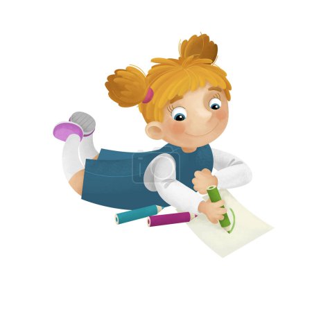 Photo for Cartoon scene with young girl having fun resting and drawing leisure free time isolated illustration for kids - Royalty Free Image