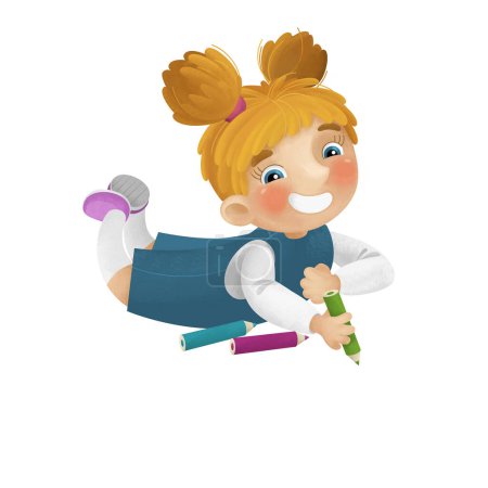 Photo for Cartoon scene with young girl having fun resting and drawing leisure free time isolated illustration for kids - Royalty Free Image