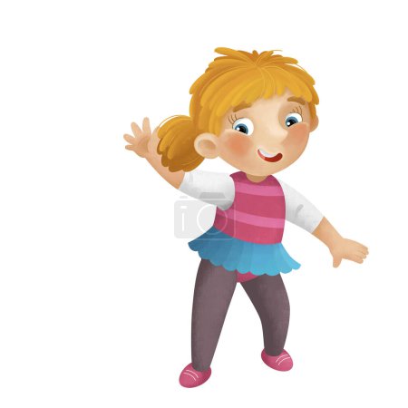 Téléchargez les photos : Scène de dessin animé avec jeune fille avoir du plaisir à jouer à la danse aballet loisirs temps libre illustration isolée pour les enfants - en image libre de droit