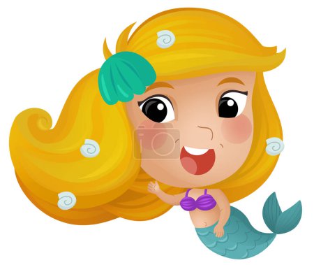 Foto de Escena de dibujos animados con feliz joven sirena nadando sobre fondo blanco ilustración para niños - Imagen libre de derechos