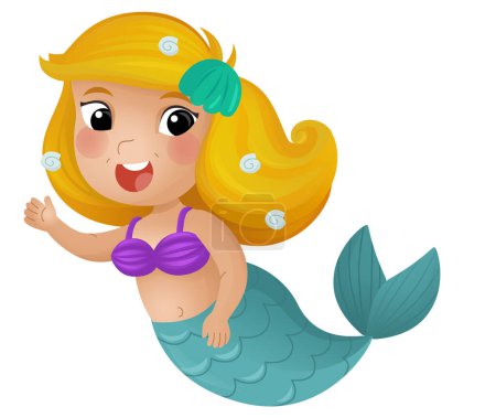 Foto de Escena de dibujos animados con feliz joven sirena nadando sobre fondo blanco ilustración para niños - Imagen libre de derechos