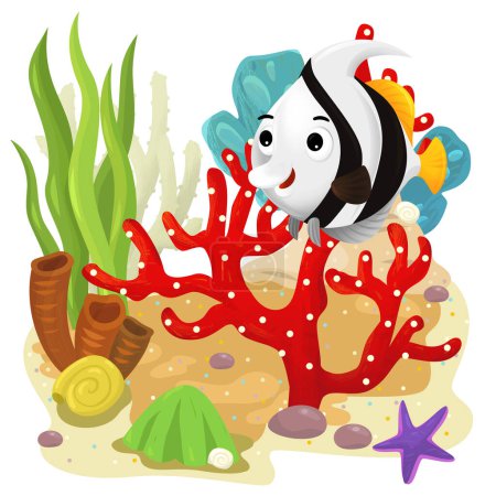 Foto de Escena de dibujos animados con arrecife de coral con natación peces felices elemento aislado ilustración para niños - Imagen libre de derechos