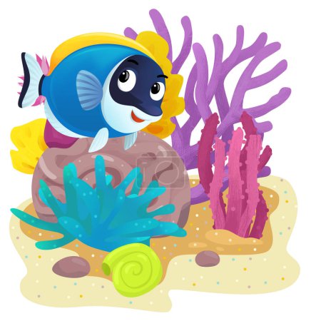 Téléchargez les photos : Scène de dessin animé avec récif corallien avec nager heureux poisson élément isolé illustration pour les enfants - en image libre de droit