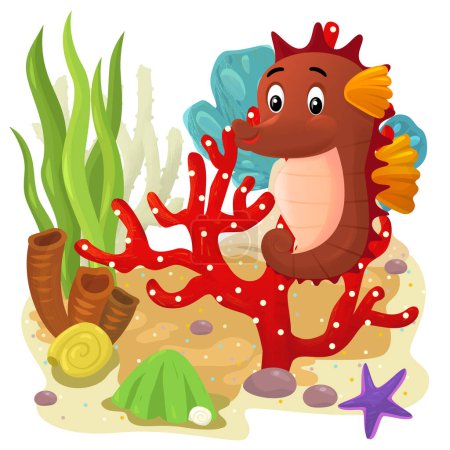 Téléchargez les photos : Scène de dessin animé avec récif corallien avec nager heureux poisson élément isolé illustration pour les enfants - en image libre de droit