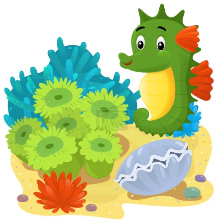 Cartoon scene with coral reef with swimming happy fish isolated element illustration for kids