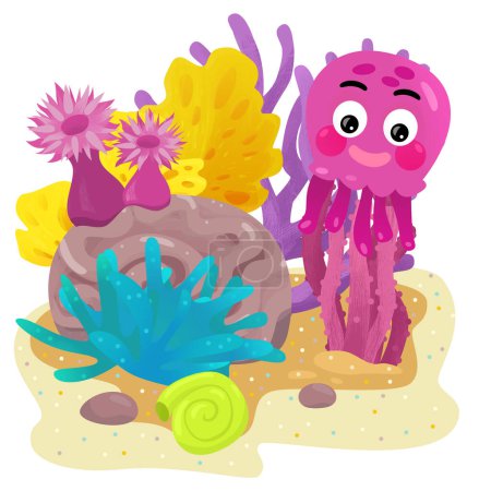Téléchargez les photos : Scène de dessin animé avec récif corallien avec pieuvre natation ou poisson gelé élément isolé illustration pour les enfants - en image libre de droit