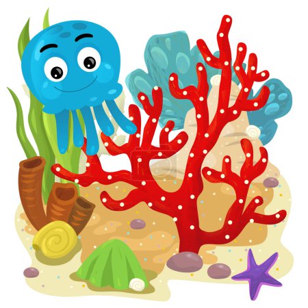 Photo for Cartoon scene with coral reef with swimming octopus or gelly fish isolated element illustration for kids - Royalty Free Image