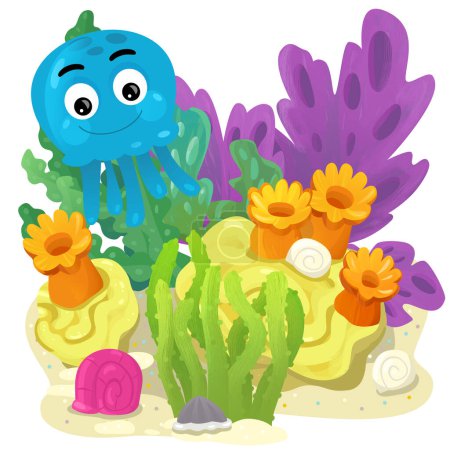 Foto de Escena de dibujos animados con arrecife de coral con pulpo de natación o pez gelatina elemento aislado ilustración para niños - Imagen libre de derechos